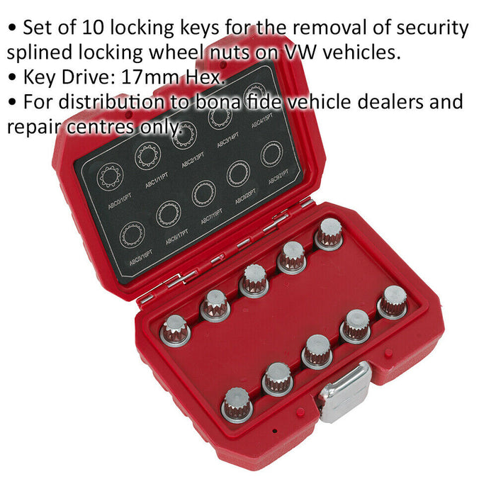 10pc Locking Wheel Nut Key Set - DEALERS & REPAIR CENTRES ONLY - For VW Vehicles Loops