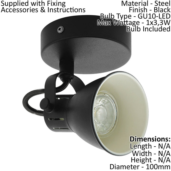 Wall Light 1 Spot Colour Black Steel Pivot Shade Bulb GU10 1x3.3W Included Loops