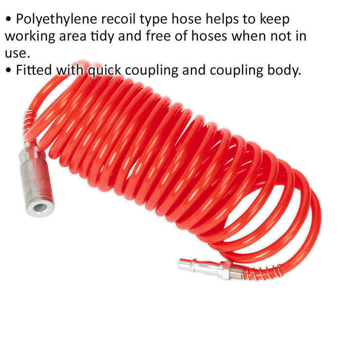 PE Coiled Air Hose with Couplings - 5 Metre Length - 5mm Bore - Recoil Type Hose Loops
