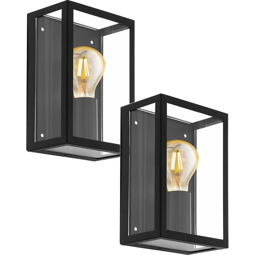 2 PACK IP44 Outdoor Wall Light Black & Glass Box 1x 60W E27 Porch Lamp Loops