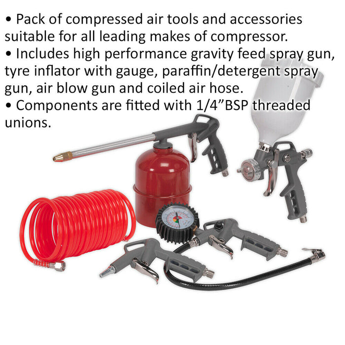 5 Piece Compressed Air Tool Accessory Kit - 1/4" BSP Threaded Unions - Air Hose Loops