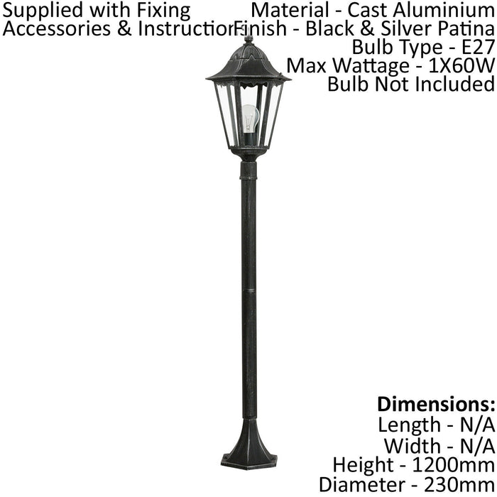 2 PACK IP44 Outdoor Bollard Light Black & Silver Lantern 1200mm Post 60W E27 Loops