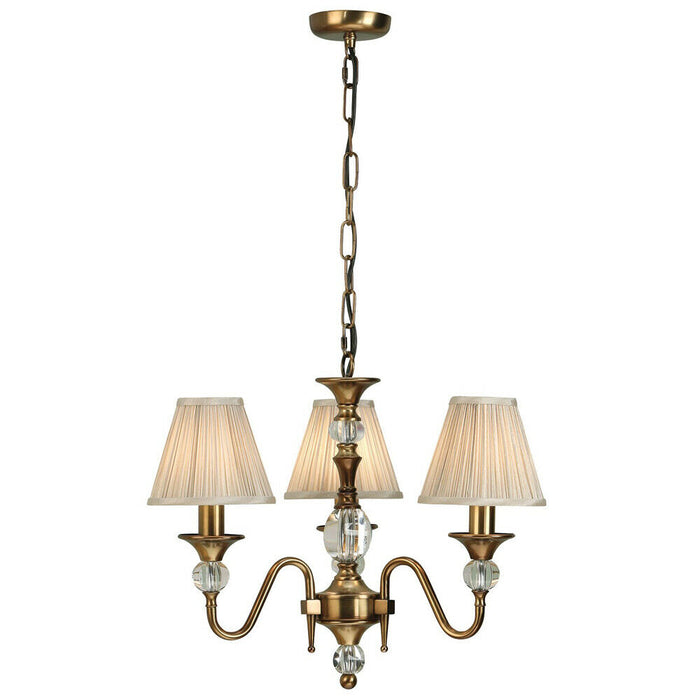 Diana Ceiling Pendant Chandelier Antique Brass & Beige Pleat Shade 3 Lamp Light Loops