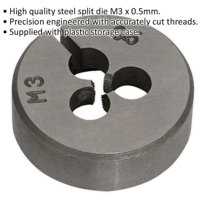 M3 x 0.5mm Metric Split Die - Quality Steel - Bar / Bolt Threading Bit & Case Loops