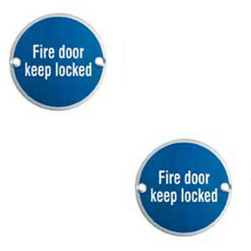 2x Fire Door Keep Locked Plaque 76mm Diameter Satin Anodised Aluminium Loops