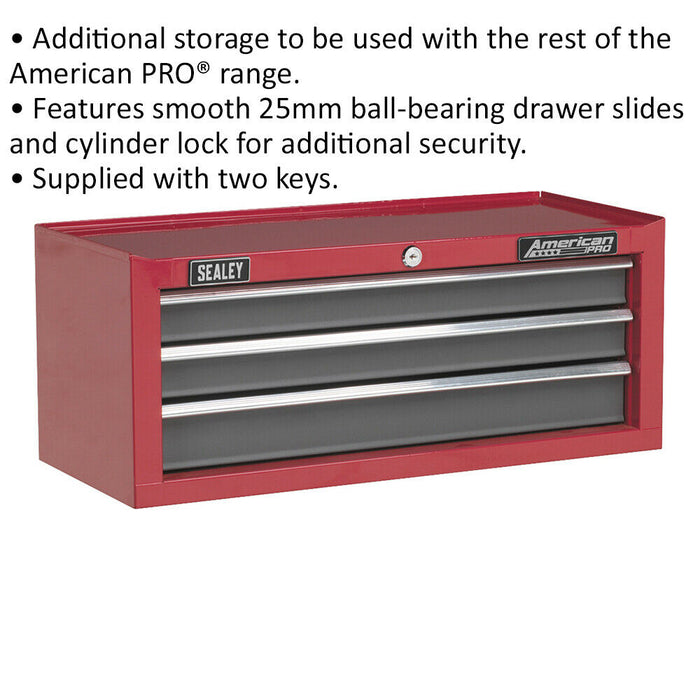 605 x 260 x 250mm RED 3 Drawer MID-BOX Tool Chest Lockable Storage Unit Cabinet Loops