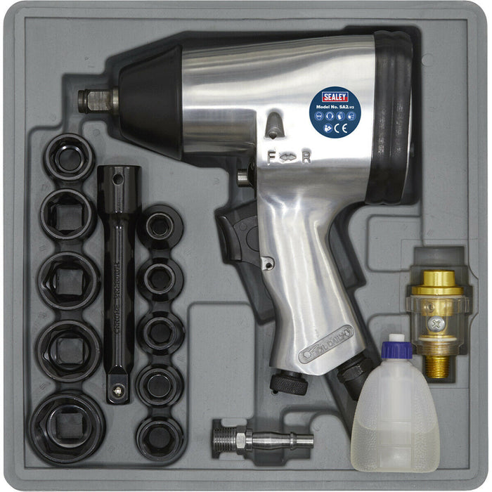 Air Impact Wrench Kit - 1/2 Inch Sq Drive - 10 Sockets - 125mm Extension Bar Loops