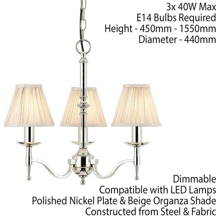 Avery Ceiling Pendant Chandelier Light 3 Lamp Bright Nickel & Beige Pleat Shade Loops