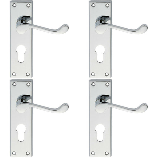 4x PAIR Victorian Scroll Lever on Euro Lock Backplate 150 x 43mm Polished Chrome Loops