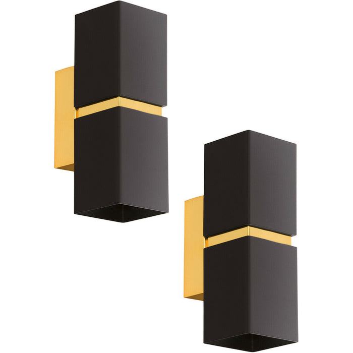 2 PACK Wall Light Colour Gold Plated Steel Black Square Shape Shade GU10 2x3.3W Loops