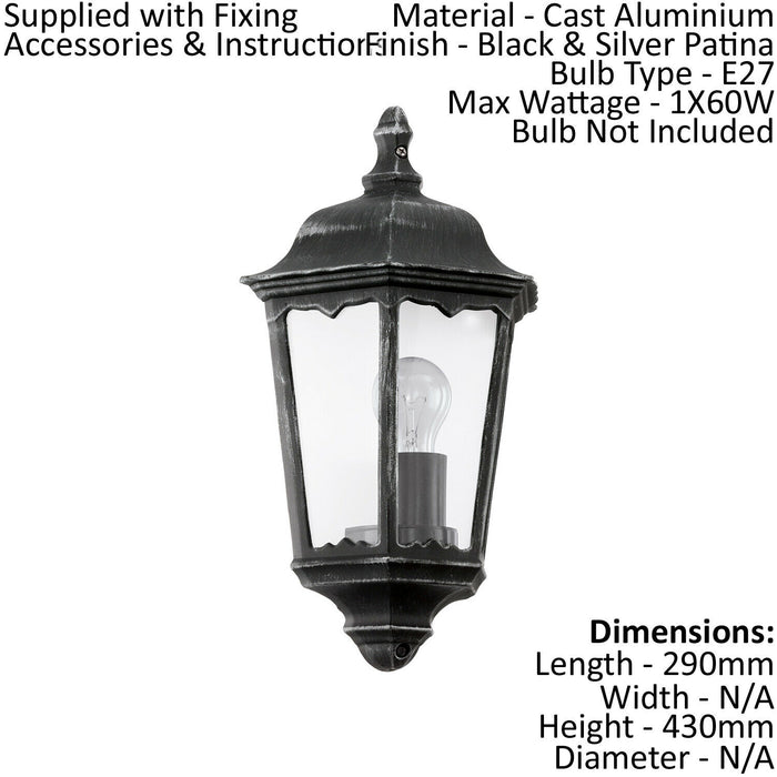 IP44 Outdoor Wall Light Black & Silver Patina Clear Glass 1 x 60W E27 Bulb Loops