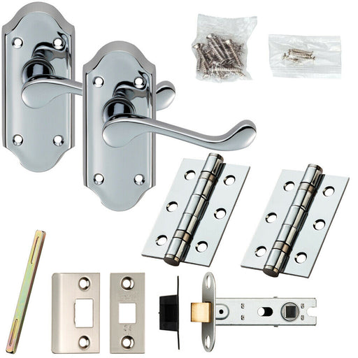 Door Handle & Latch Pack Chrome Victorian Scroll Lever Small Plate 112 x 48mm Loops