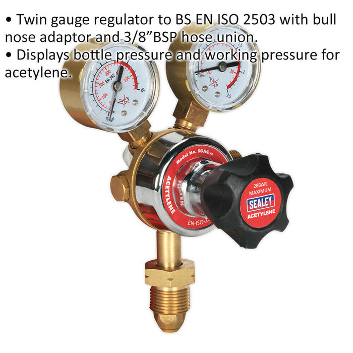 Twin Gauge Acetylene Regulator - Bull Nose Adaptor - 3/8" BSP Hose Union Loops