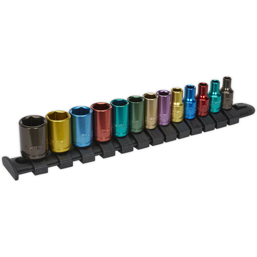 13 PACK Multi Colour Socket Set 1/4" Metric Square Drive - 6 Pt WallDrive Torque Loops