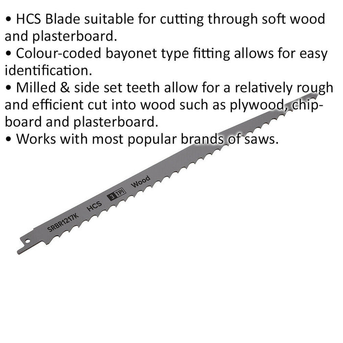 5 PACK 300mm HCS Reciprocating Saw Blade - 3 TPI - Milled Side Set Teeth Loops