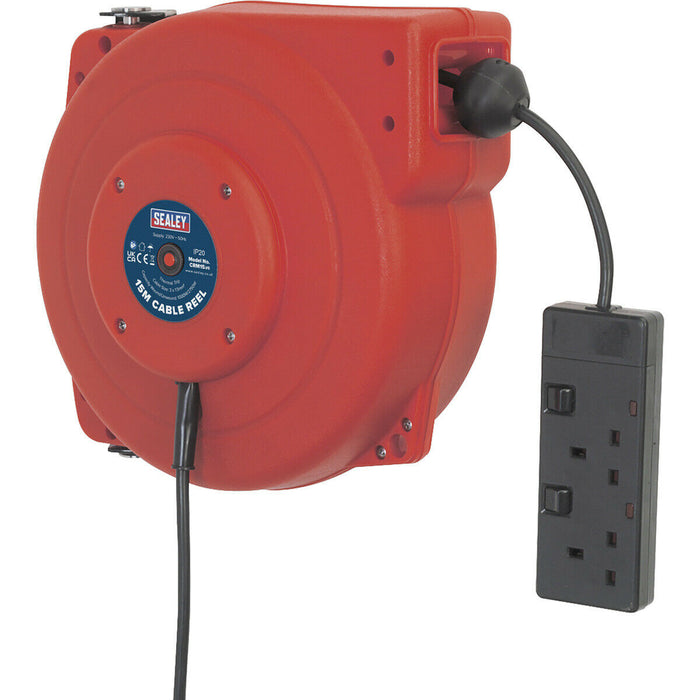 15 Metre Retractable Cable Reel System - 2 x 230V Plug Socket - Composite Cased Loops
