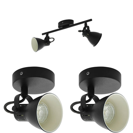 Twin Ceiling Spot Light & 2x Matching Wall Lights Matt Black Adjustable Head Loops