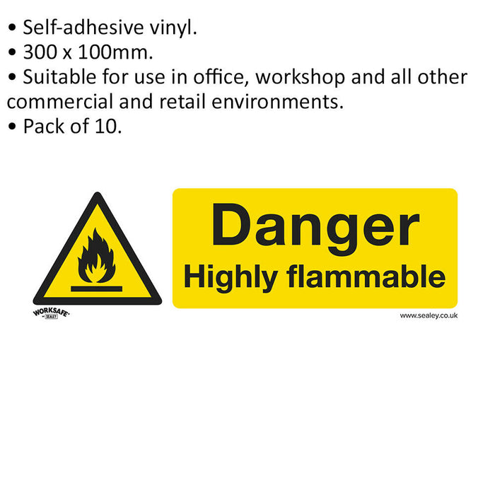 10x DANGER HIGHLY FLAMMABLE Safety Sign - Self Adhesive 300 x 100mm Sticker Loops