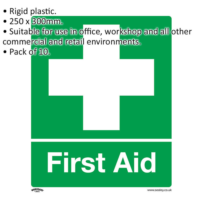 10x FIRST AID Health & Safety Sign - Rigid Plastic 250 x 300mm Warning Plate Loops