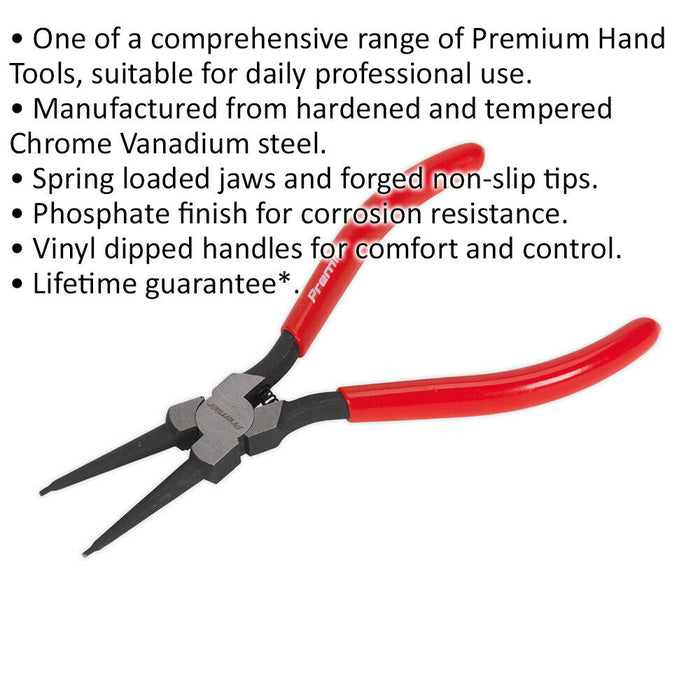 180mm Straight Nose Internal Circlip Pliers - Spring Loaded Jaws - Non-Slip Tips Loops