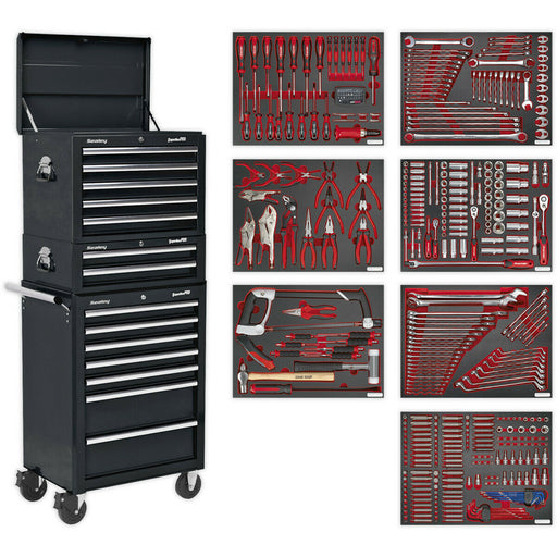 14 Drawer Topchest Mid Box & Rollcab Bundle with 446 Piece Tool Kit - Black Loops