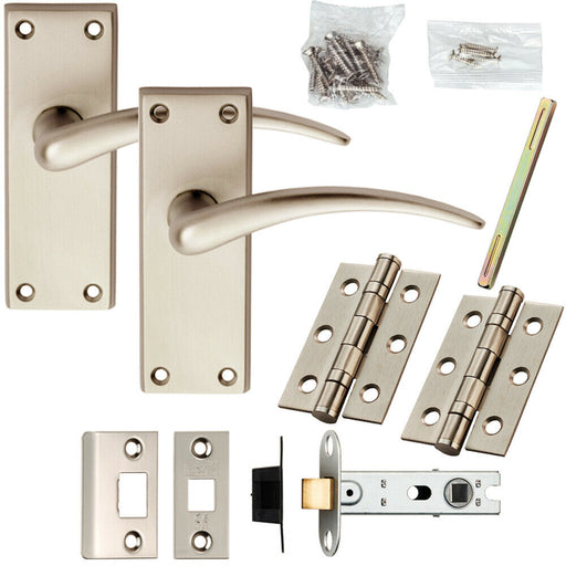 Door Handle & Latch Pack Satin Chrome Slim Arched Lever on Square Backplate Loops