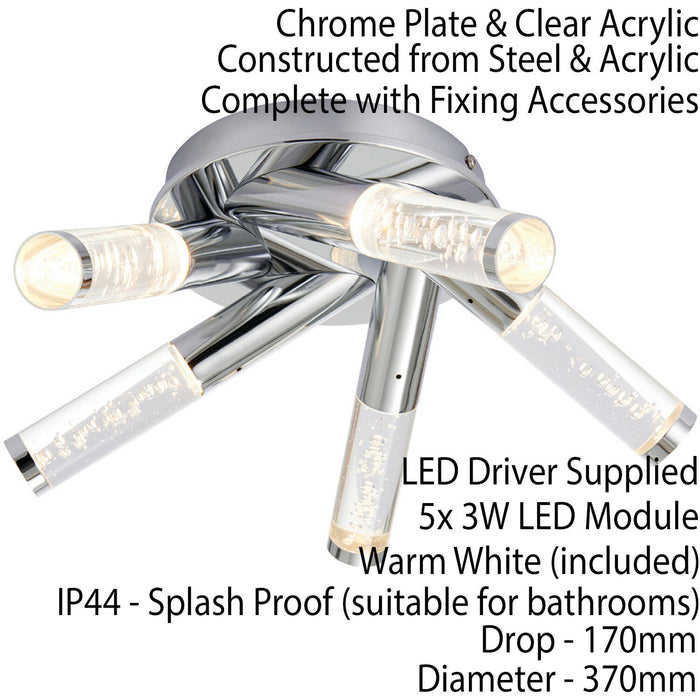 Flush Bathroom Ceiling Light IP44 Modern Chrome 5 Lamp Bulb Multi Arm Pendant Loops