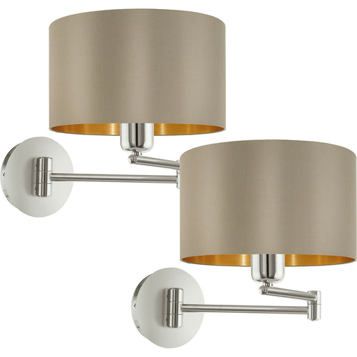 2 PACK Wall Light Satin Nickel Moveable Stem Shade Taupe Gold Fabric E27 1x60W Loops