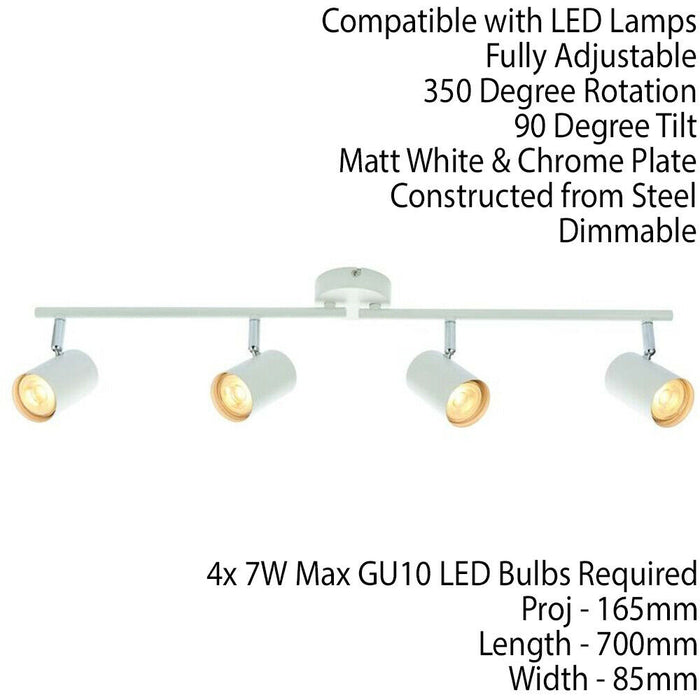 4 Way Adjustable Ceiling Spotlight Matt White Quad GU10 Kitchen Bar Downlight Loops