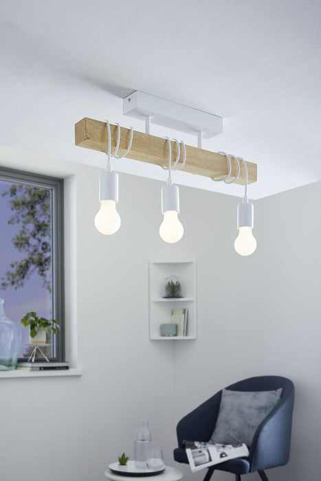 Semi Flush Ceiling Light White Steel & Wood Bar Lamp 3 x 60W E27 Bulb Loops