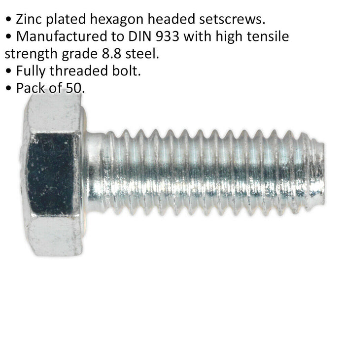 50 PACK HT Setscrew - M6 x 16mm - Grade 8.8 Zinc - Fully Threaded - DIN 933 Loops