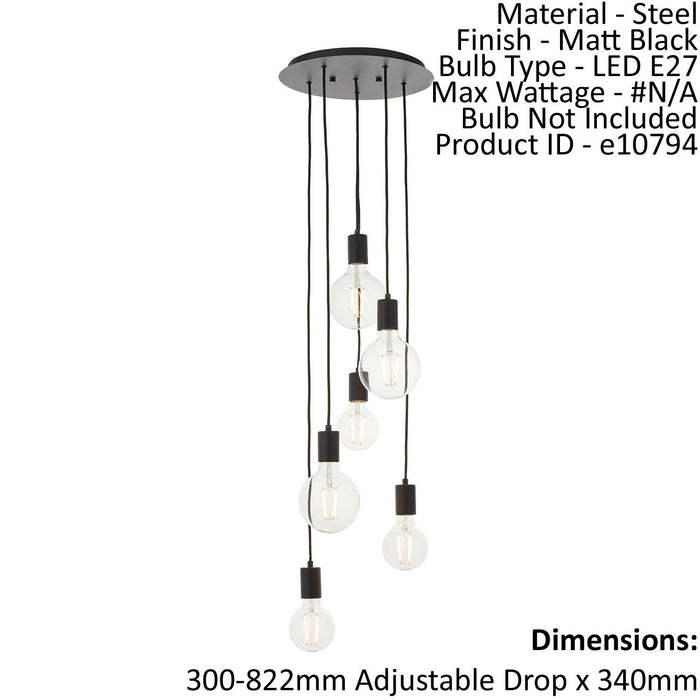 Ceiling Pendant Light Matt Black 6 x 10W LED E27 Dimmable Six Lights Loops