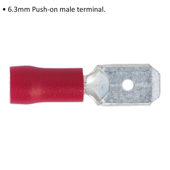 100 PACK 6.3mm Push-On Male Terminal - Suitable for 22 to 18 AWG Cable - Red Loops