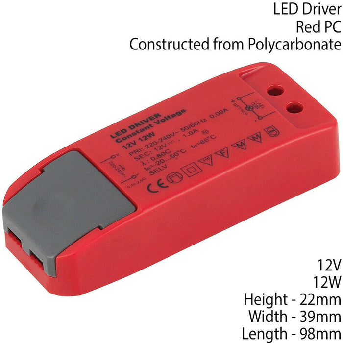 RED 12V DC 12W Constant Voltage LED Driver / Transformer Light Power Converter Loops