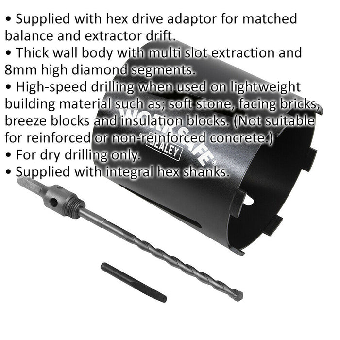 150mm x 150mm - Dry Diamond Core Drill Hole Saw - Hex Drive Adaptor - Drill Bit Loops