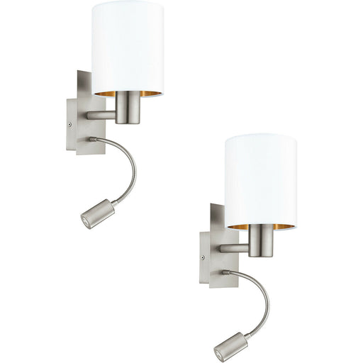 2 PACK Wall Light Satin Nickel Shade White Copper Fabric E27 LED 1x40W 1x3.5W Loops