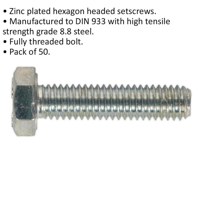 50 PACK HT Setscrew - M6 x 25mm - Grade 8.8 Zinc - Fully Threaded - DIN 933 Loops