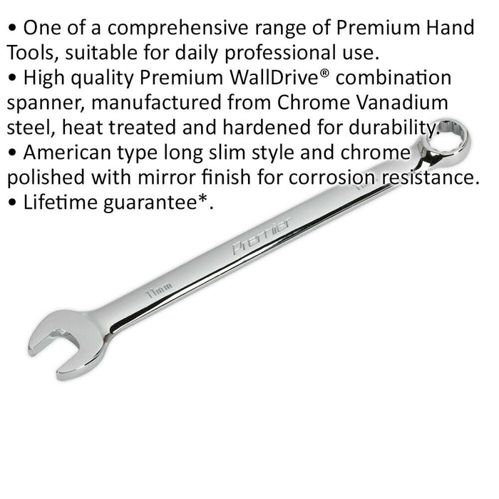 11mm Steel Combination Spanner - Long Slim Design Combo Wrench - Chrome Vanadium Loops