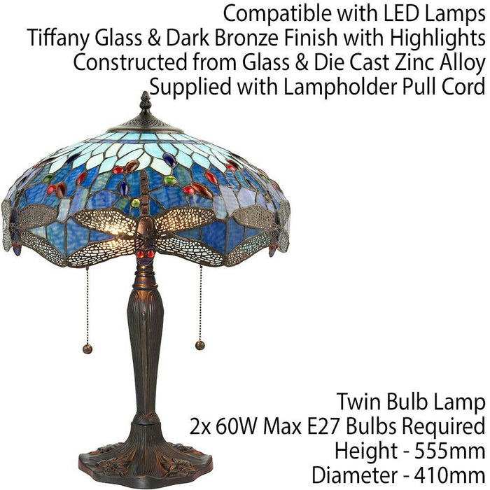 Tiffany Glass Table Lamp Light Dark Bronze Base & Blue Dragonfly Shade i00192 Loops