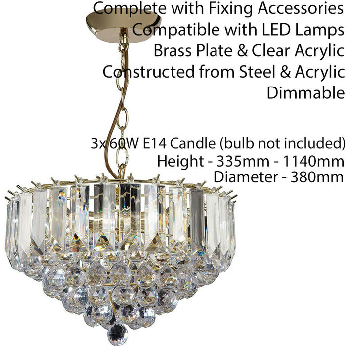 3 Light Chandelier Pendant BRASS & CLEAR Shade Hanging Ceiling Feature Lamp Bulb Loops