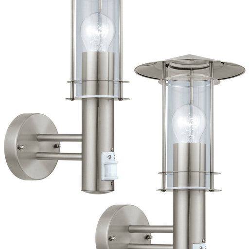 2 PACK IP44 Outdoor Wall Light & PIR Sensor Stainless Steel Lantern 60W E27 Loops