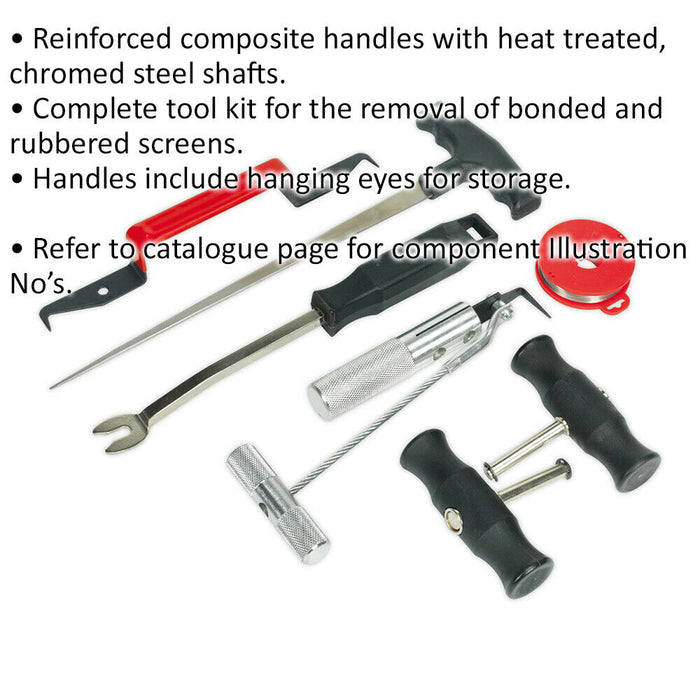 7 Piece Windscreen Removal Tool Kit - Bonded & Rubbered Screens - Chromed Steel Loops