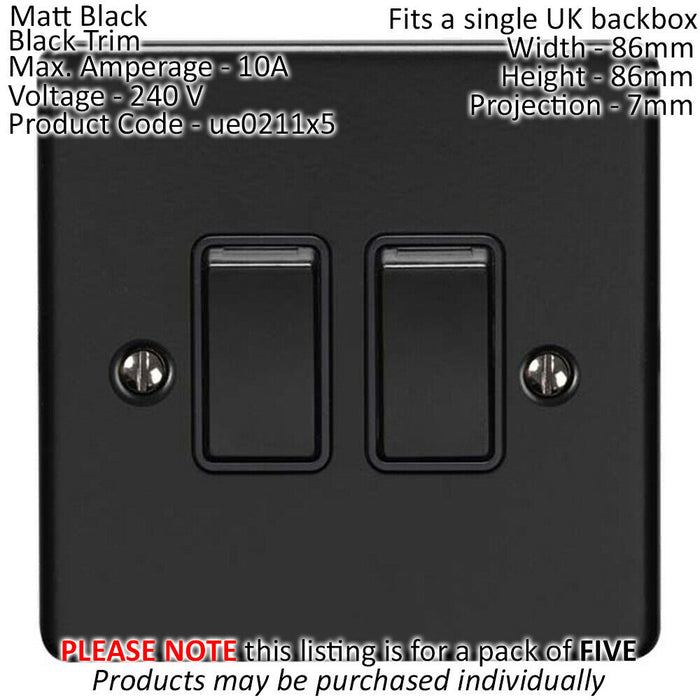 5 PACK 2 Gang Double Metal Light Switch MATT BLACK 2 Way 10A Black Trim Loops