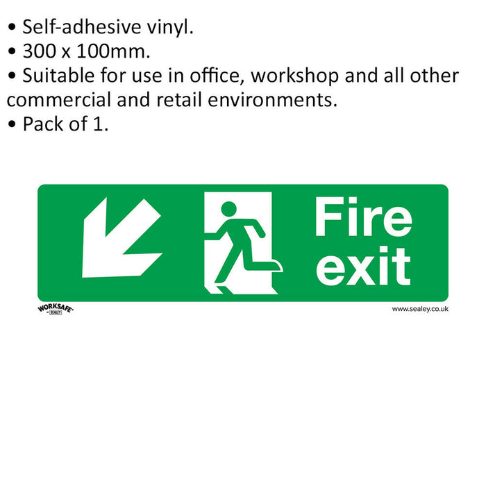 1x FIRE EXIT (DOWN LEFT) Health & Safety Sign Self Adhesive 300 x 100mm Sticker Loops