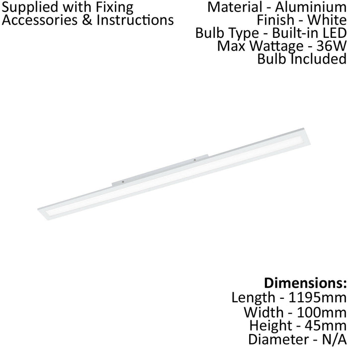 Wall / Ceiling Light White 1195mm Slim Strip Panel 36W Built in LED 4000K Loops