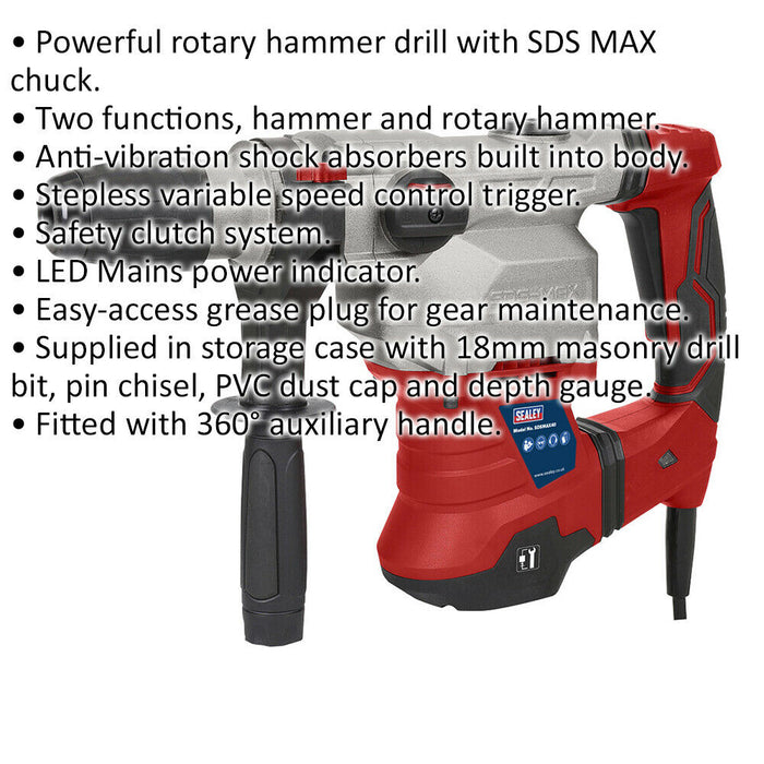 1500W SDS Max Rotary Hammer Drill - Anti-Vibration - Variable Speed Control Loops