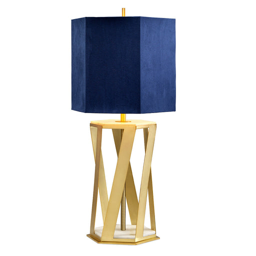 Table Lamp Blue Shade with Gold Faux Silk Lining Brushed Brass LED E27 60W Bulb Loops