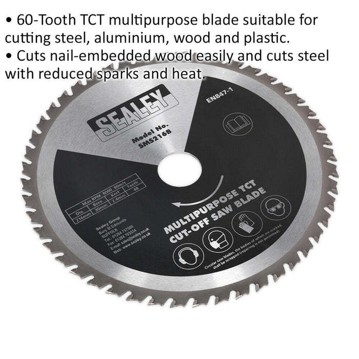 216mm x 2.4mm Cut-Off Circular Saw Blade 48 TPU 30mm Bore Multi Purpose TCT Loops