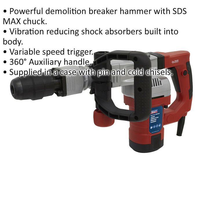1300W SDS Max Demolition Breaker Hammer - Shock Absorbers - Variable Speed Loops