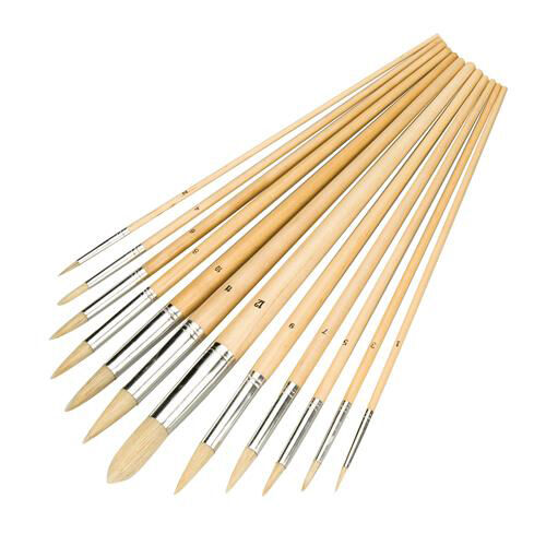 12 Piece Pointed Tip Pure Bristle Paint Brush Set 1mm 12mm Wooden Handle Loops
